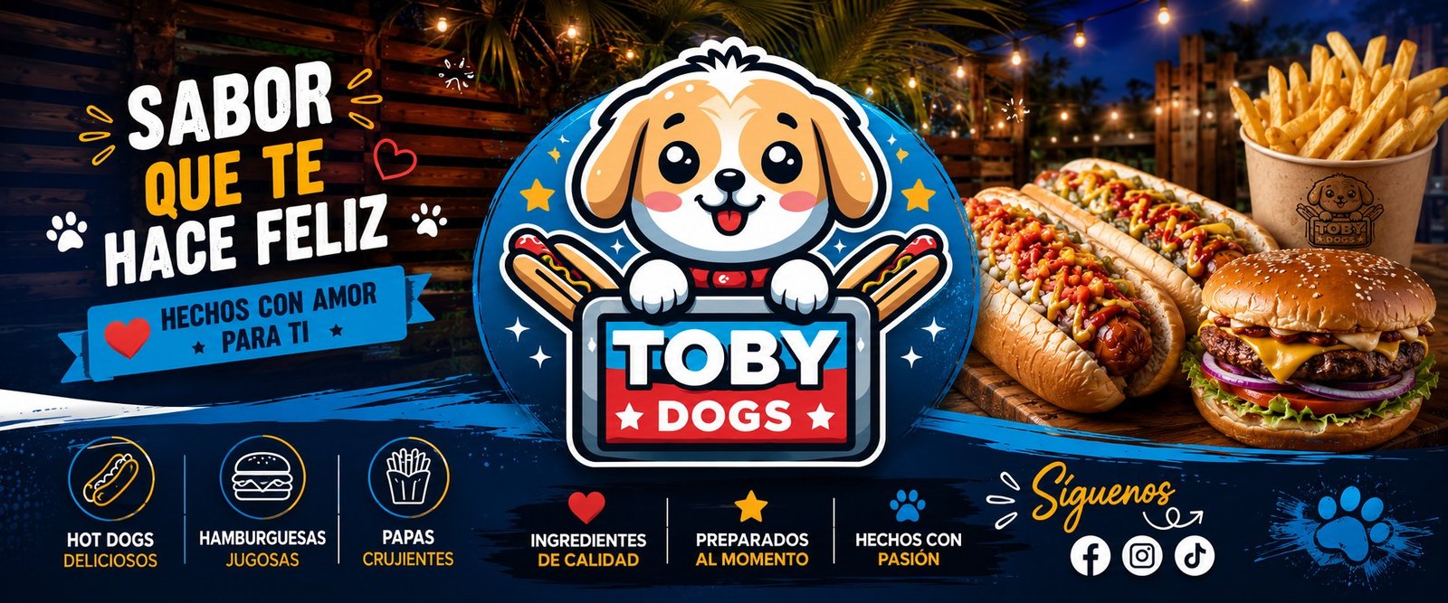 Toby Dogs: sabor que te hace feliz, hot dogs, hamburguesas y papas