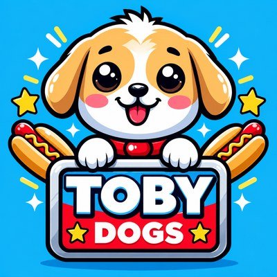Logo de Toby Dogs: perrito con hot dogs
